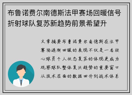 布鲁诺费尔南德斯法甲赛场回暖信号折射球队复苏新趋势前景希望升