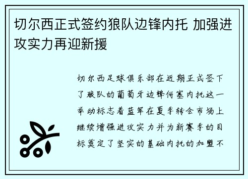 切尔西正式签约狼队边锋内托 加强进攻实力再迎新援