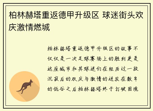 柏林赫塔重返德甲升级区 球迷街头欢庆激情燃城